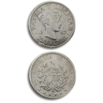 1897 1 Peso Cuba Silver Souvenir Coin Type III, dot below date line, Fine