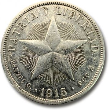 1915 1 Peso Cuba Silver Coin Ungraded KM# 15 (Series)