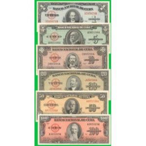 Set of six Cuban Used Banknotes-late 50's