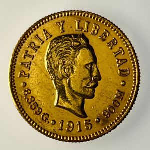 1915 5 Pesos Cuba Gold Coin Ungraded, KM# 19