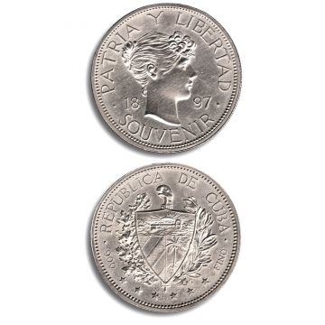 1897 1 Peso Cuba Silver Souvenir Coin Type II, dot above date line