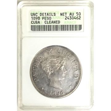 1898 1 Peso Cuba Silver Coin AU50