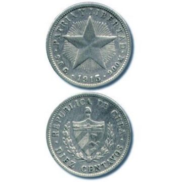 1915 10 Centavos Cuba Silver Coin Ungraded KM# A12