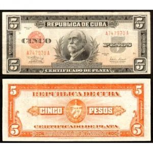 1938 Cuba Certificado Plata 5 Pesos Banknote AU