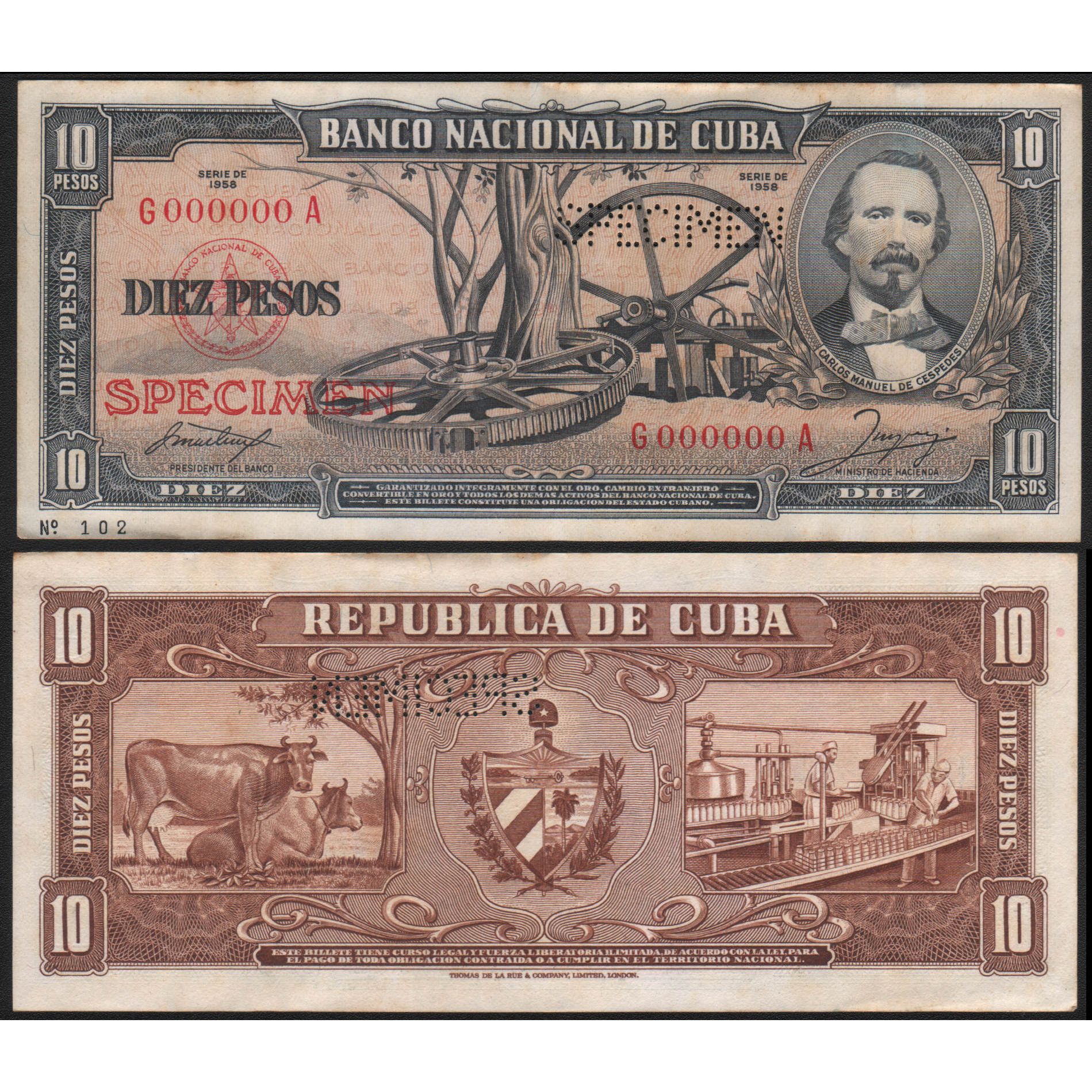 Buy & Sell vintage Cuba Paper Money > 1958 Cuba 10 Pesos ...