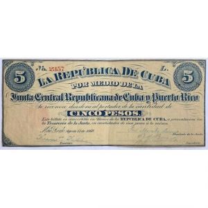 1869 Cuba 5 Pesos Note Junta Central Republicana, NY