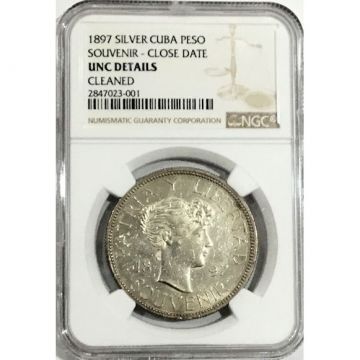 1897 1 Peso Cuba Silver Souvenir Coin Type II, dot above date line UNC Details
