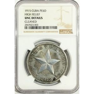 1915 Cuba 1 Peso Silver Star Coin UNC