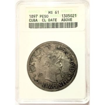 1897 1 Peso Cuba Silver Souvenir Coin Type III, dot below date line, MS 61