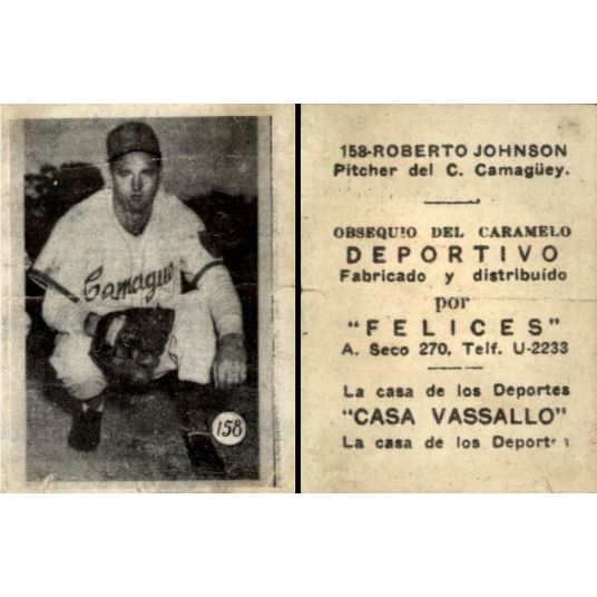 Vintage Cuba Caramelo Deportivo Felices 1946 - 1947 Baseball Trading Cards  > Roberto Johnson Baseball Card No. 158 - Cuba collectible for Sale